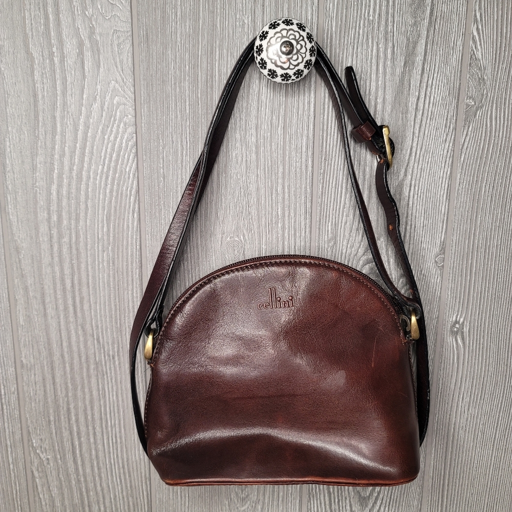Cellini brown cognac cowhide leather crossbody bag.